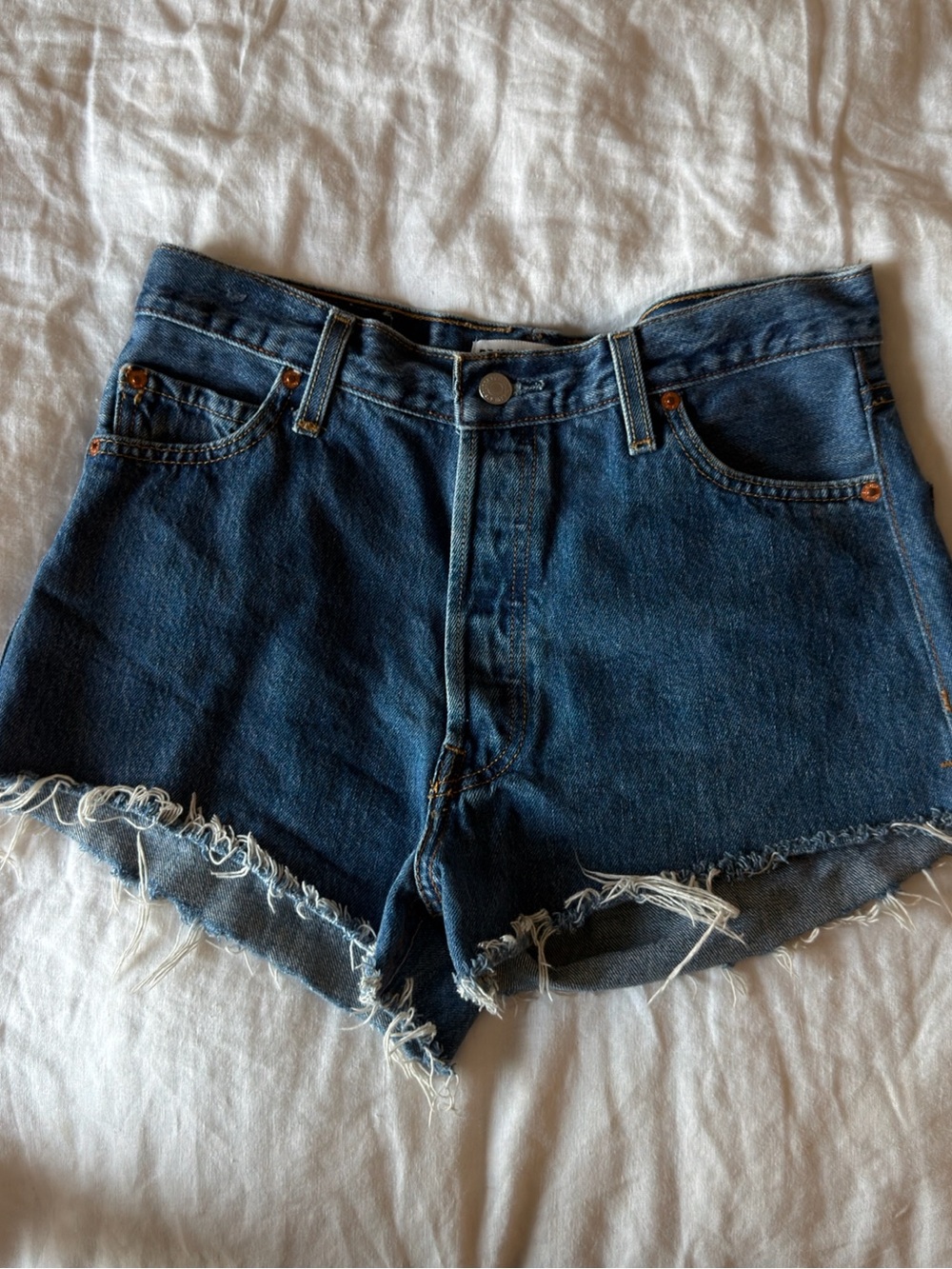 Re/Done Dark Blue Frayed Hem Denim Shorts